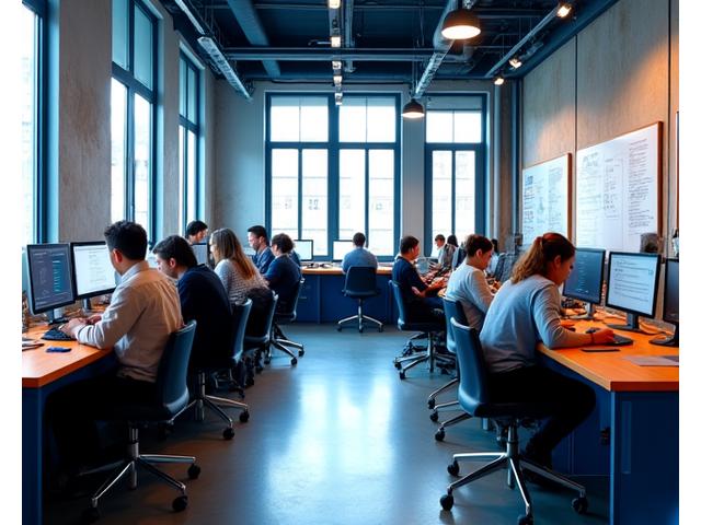 Un espace de coworking stimulant au sein des bureaux de attrbollt, avec des experts collaborant autour d'écrans et de tableaux blancs