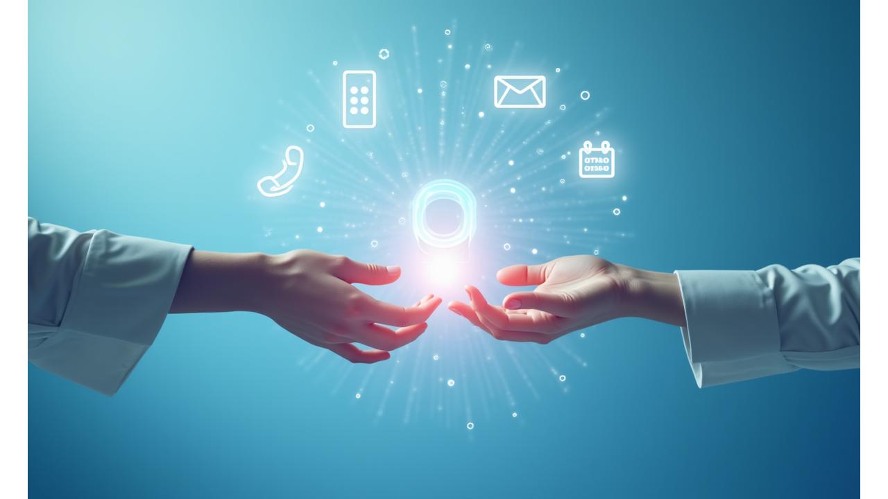 Une main tend vers une autre, symbolisant la connexion et le support, avec des icônes de téléphone, email et chat flottantes autour.