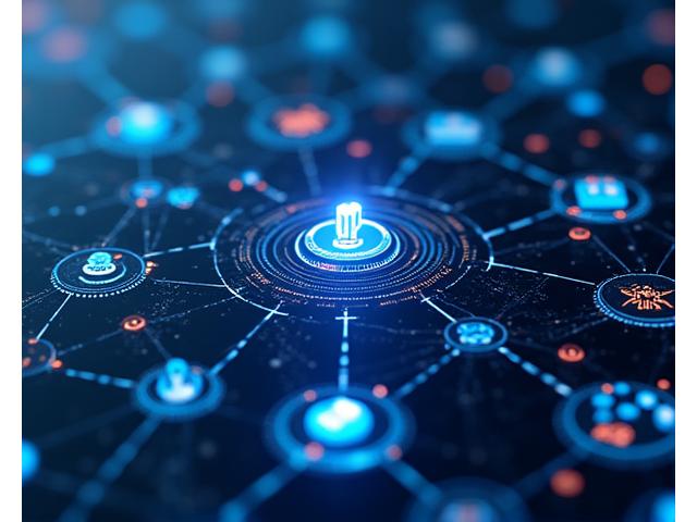 Visuels futuristes des protocoles de finance décentralisée (DeFi), avec des éléments de staking et de yield farming, connectant différentes plateformes via un réseau numérique.