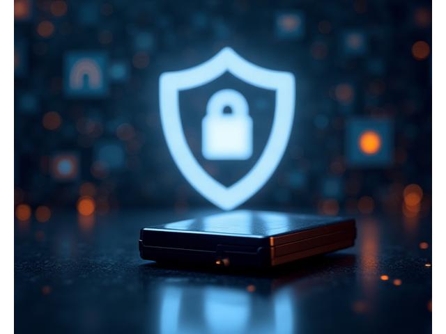 Illustration d'un portefeuille matériel (hardware wallet) protégeant des clés de cryptomonnaie, avec un bouclier numérique et des éléments de cybersécurité en arrière-plan.