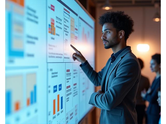 Entrepreneur expliquant un tableau de bord de startup, avec des graphiques de croissance et des idées brillantes.