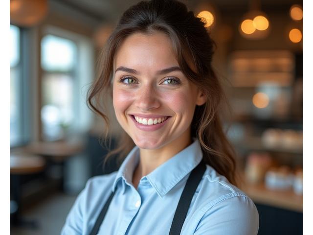 Portrait souriant de Marie, une jeune entrepreneure.