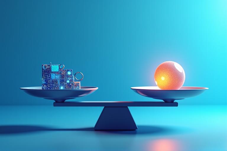 Icône représentant l'équilibre entre la technologie (symbolisée par des circuits neuronaux) et l'éthique (symbolisée par une balance) dans un contexte de trading