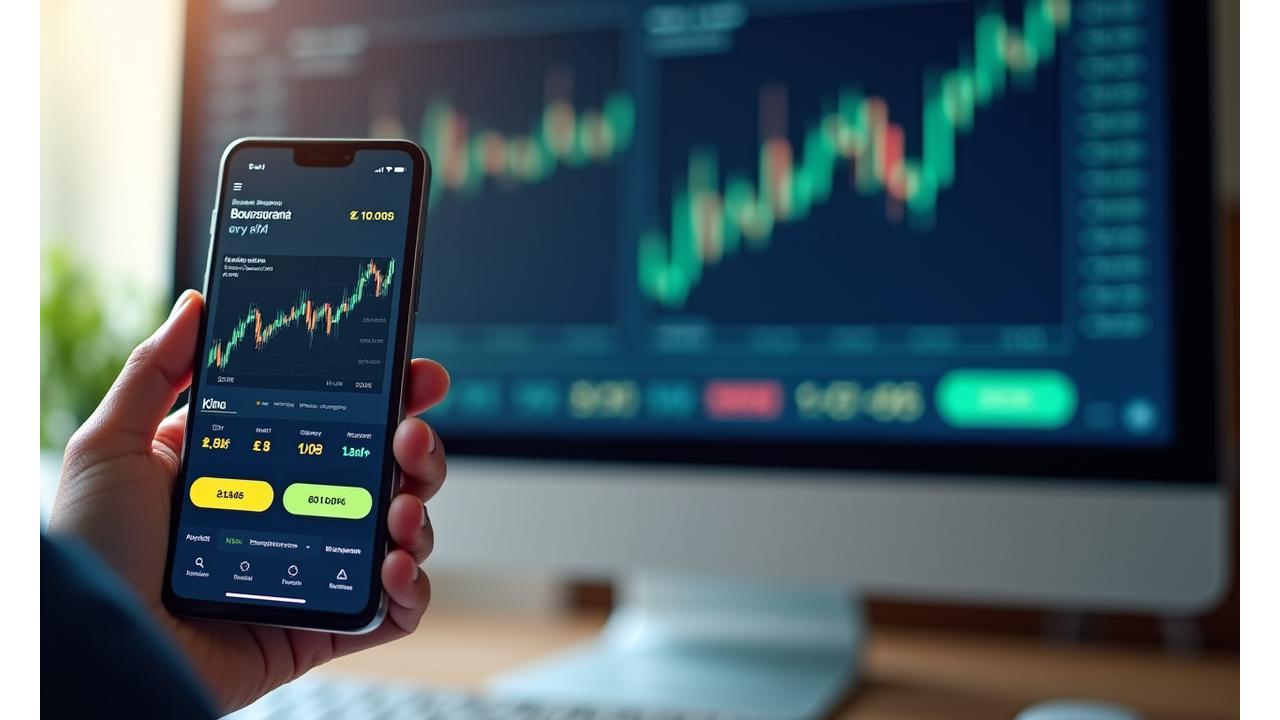 Une main utilisant une application de trading mobile sur un smartphone, avec un ordinateur en arrière-plan affichant des graphiques boursiers et des logos de plateformes connues, illustrant le choix du courtier.