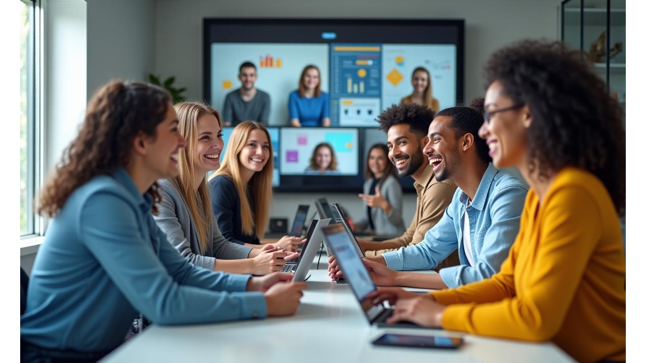 Un groupe diversifié de personnes souriantes participant à une session de webinaire ou de mentorat en ligne, avec des écrans affichant des graphiques et des icônes de chat, symbolisant une communauté d'apprentissage dynamique et un accompagnement.