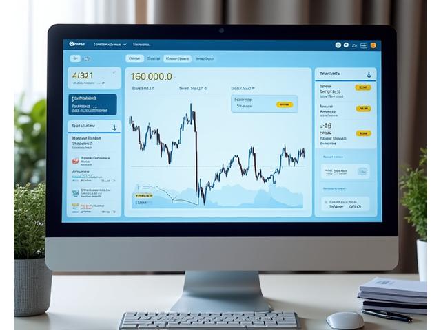 Un écran d'ordinateur affichant une interface de simulateur de trading réaliste avec des graphiques en temps réel, des ordres d'achat/vente virtuels, et un solde fictif de 100 000€.