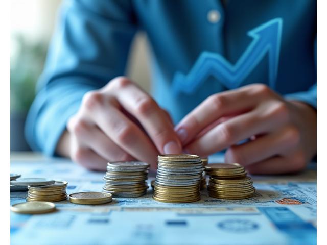 Illustration d'une personne organisant des pièces de monnaie et des billets, symbolisant la gestion financière et la croissance. Un graphique de progression est visible en arrière-plan.
