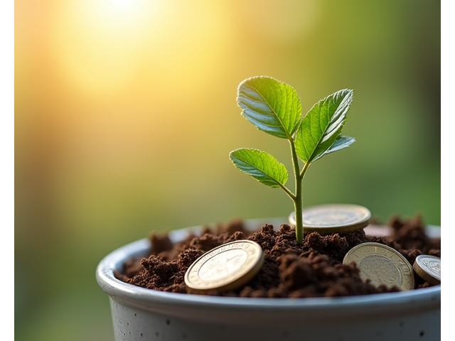 Une main plantant une petite pousse dans un pot rempli de pièces de monnaie, symbolisant la croissance de l'épargne et les premiers investissements.