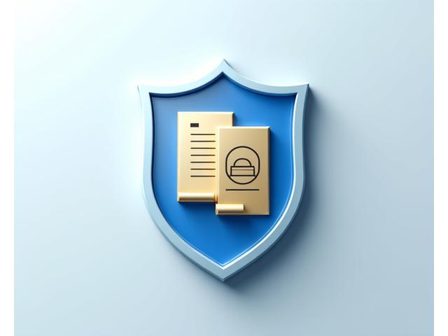 Un bouclier stylisé avec l'icône d'un document et d'un copyright à l'intérieur, symbolisant la protection de la propriété intellectuelle. Le design est moderne et épuré, utilisant les couleurs de la marque.