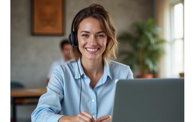 Illustration d'une femme souriante utilisant un casque lors d'une session de coaching en ligne, fonds flouté d'un intérieur moderne, symbolisant le succès du coaching parental.