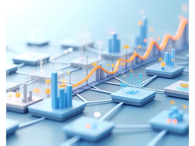 Illustrations abstraites de cartes de données, graphiques de croissance et engrenages interconnectés, symbolisant une analyse de marché basée sur des données.