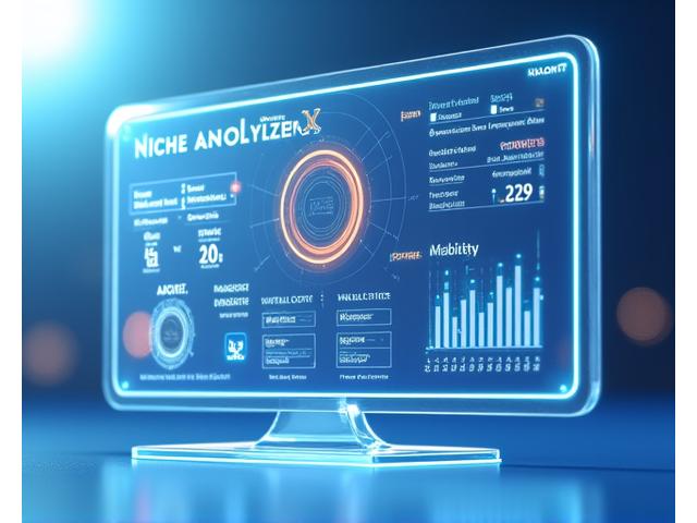 Capture d'écran stylisée du logiciel 'Niche Analyzer' de attrbollt, montrant des indicateurs de potentiel de marché, des graphiques et des scores de rentabilité.
