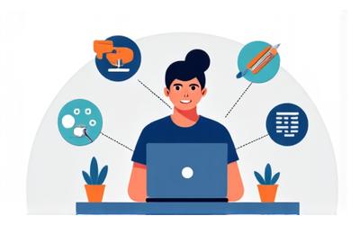 Une personne travaillant sur un ordinateur portable avec des icônes de services freelance (design, écriture, code)