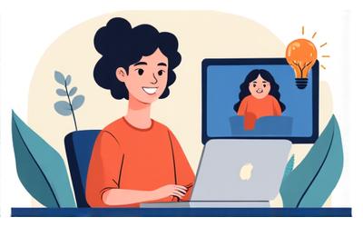 Une personne souriante en visio-conférence offrant des conseils, avec un arrière-plan flou de bureau moderne