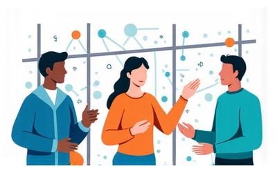 Illustration de personnes partageant un espace de coworking et des outils