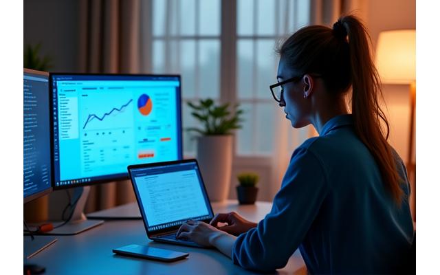 Personne travaillant sur un ordinateur portable la nuit, symbolisant un side hustle et la flexibilité du travail numérique